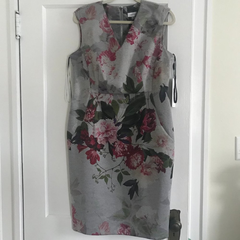 Calvin Klein Gray Floral Sleeveless Dress (nwt)